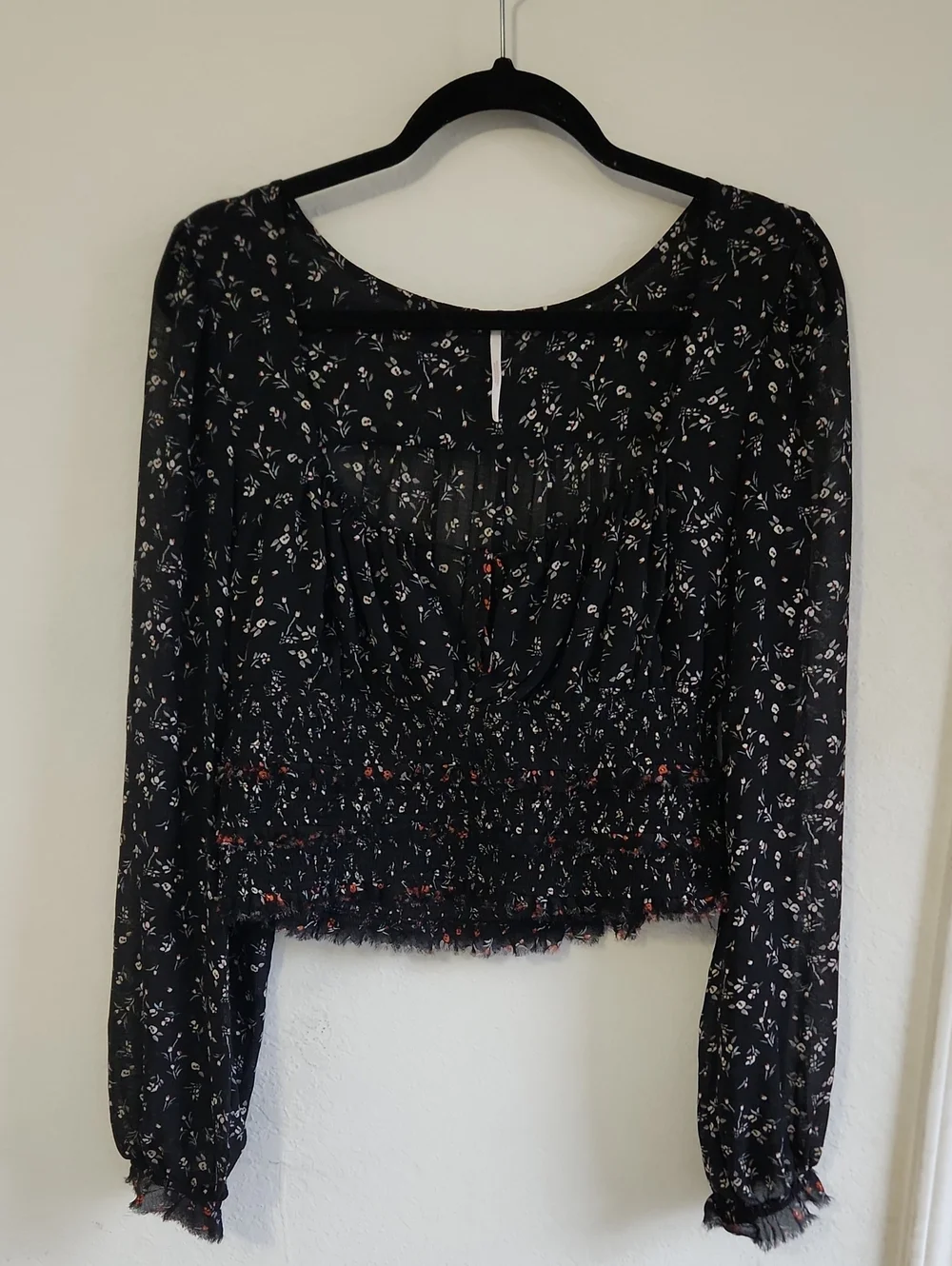 Free People Boho Peasant Sheer Floral Smocked Tie-Front Crop Top Large